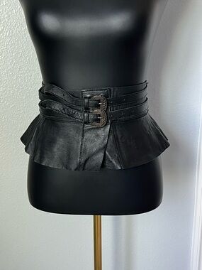 H&M Black Leather Peplum Waist Belt with Double Buckles